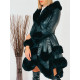 Exkluzívna čierna koženková bunda s kožušinovou kapucňou a opaskom