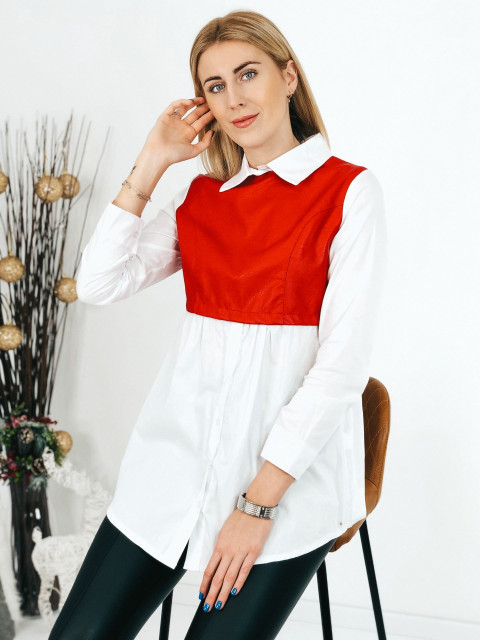 Dámska červeno-biela predĺžená košeľa s koženkovým efektom