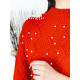 Dámske červené svetríkové šaty s perličkami
