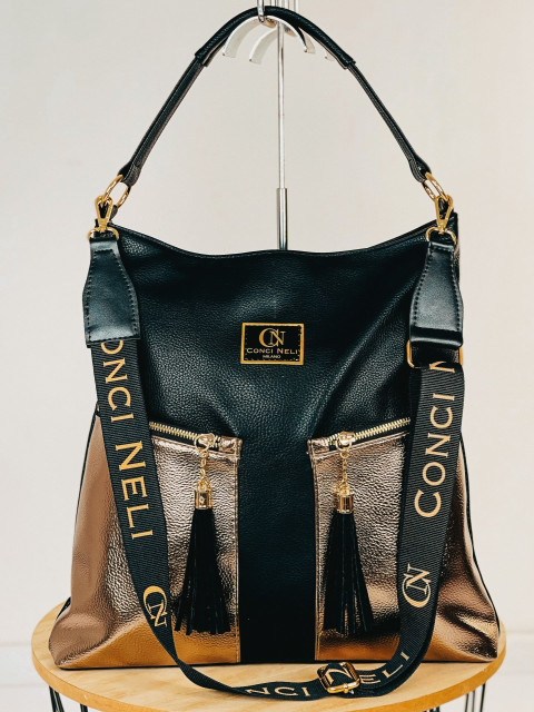 Dámska exkluzívna čierno-zlatá kabelka s dvoma prednými vreckami CONCI NELI