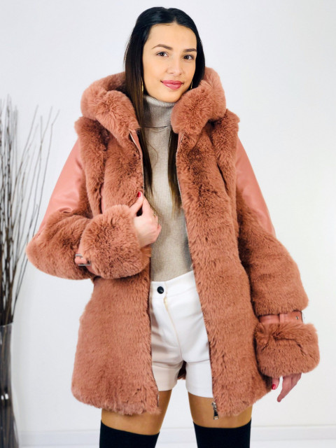 Exkluzívna staroružová kožušinová bunda s kapucňou