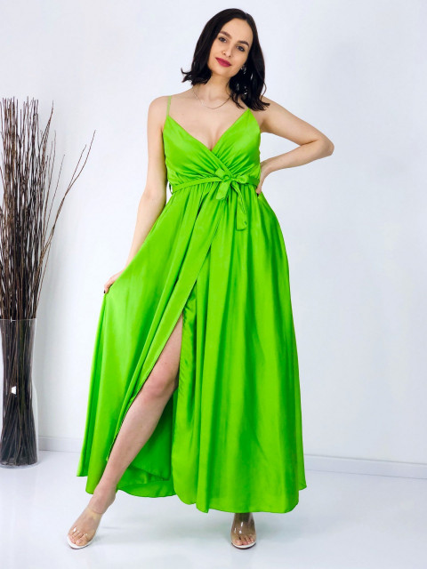 Dámské dlhé neónovo zelené saténové šaty 