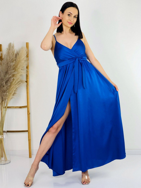 Dámské dlhé modré saténové šaty 