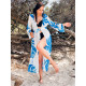 Dámske dlhé exkluzívne kimono s opaskom - bielo modré