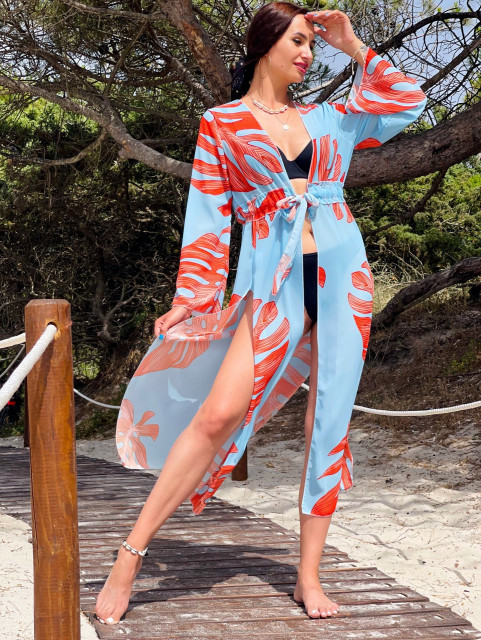 Dámske dlhé exkluzívne kimono s opaskom - svetlo modré