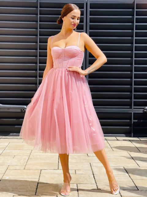 Exkluzívne dámske ružové spoločenské šaty s tylovou sukňou