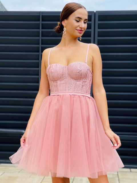 Dámske krátke áčkové šaty s tylovou sukňou - ružové