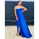 Exkluzívne dlhé saténové spoločenské šaty s razporkom - tmavo modrá