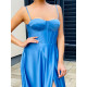 Exkluzívne dlhé saténové spoločenské šaty s razporkom - svetlo modrá