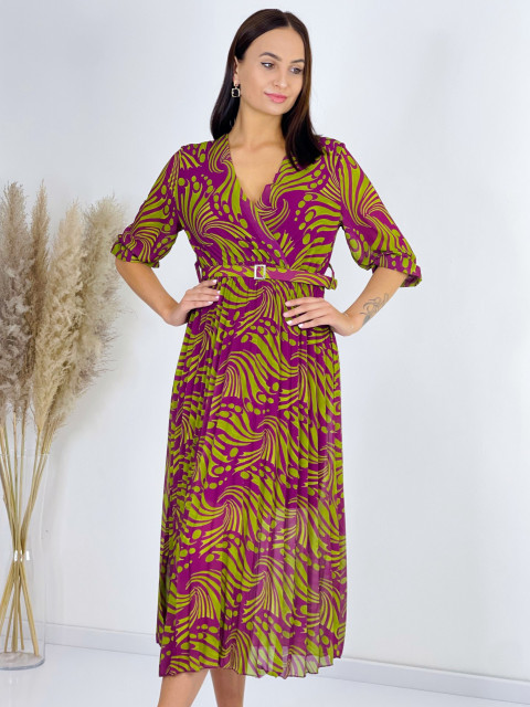 Dámske dlhé vzorované šaty s opaskom - fialové