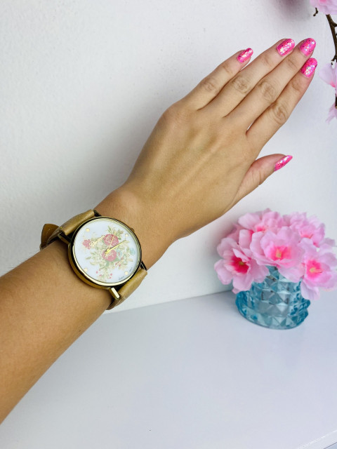 Dámske béžové kvetované hodinky