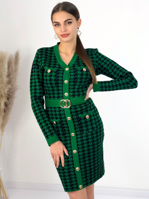 Svetrové dámske šaty so vzorom a gombíkmi - zelené