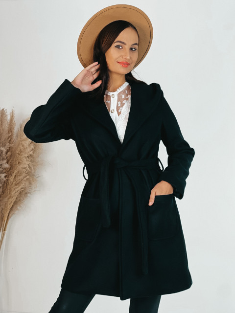 Dámsky kabát s kapucňou a opaskom - čierny