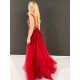 Exkluzívne dlhé dámske spoločenské šaty s odnímateľnou tylovou sukňou - červené 