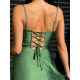 Exkluzívne dlhé saténové spoločenské šaty s razporkom - zelené
