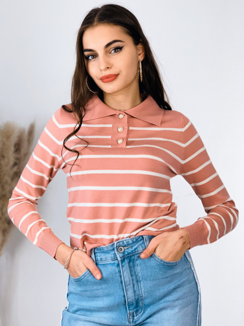 Dámsky pruhovaný sveter s gombíkmi - ružový