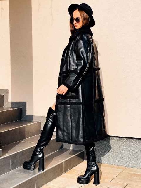 Luxusný dámsky čierny kabát s vreckami