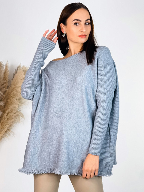 Dámsky oversize úpletový sveter so strapcami aj pre moletky - sivý Dámsky oversize úpletový sveter so strapcami aj pre moletky - sivý