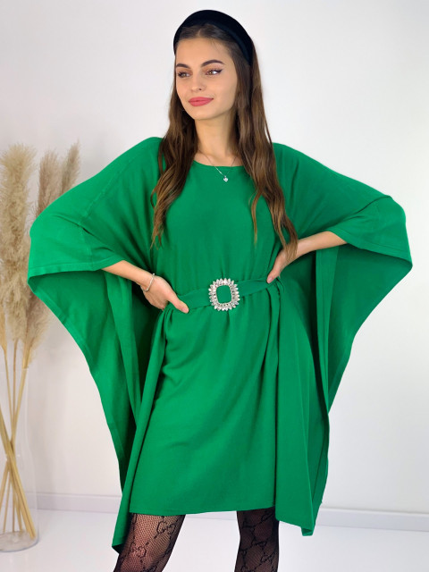 Dámske svetríkové šaty s opaskom a brošňou - zelené