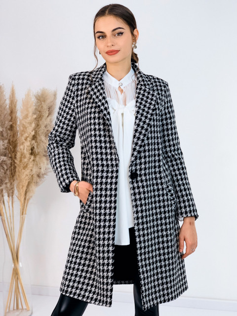 Čierno-biely dámsky kabát s kohutím vzorom 2