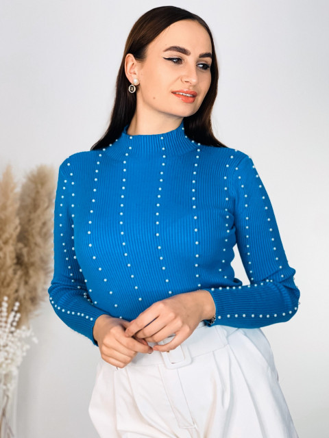 Dámsky modrý rolákový sveter s ozdobnými perlami MELLA