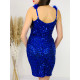 Flitrované dámske spoločenské šaty s pierkami na ramienkach - modré