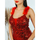 Flitrované dámske spoločenské šaty s pierkami na ramienkach - červené