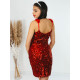 Flitrované dámske spoločenské šaty s pierkami na ramienkach - červené