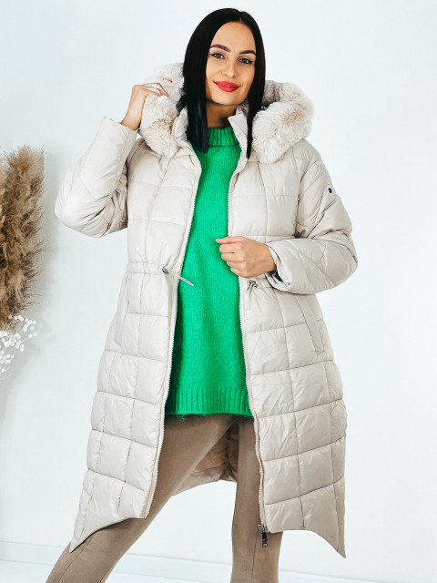 Dámska prešívaná zimná bunda s kožušinovou kapucňou - béžová