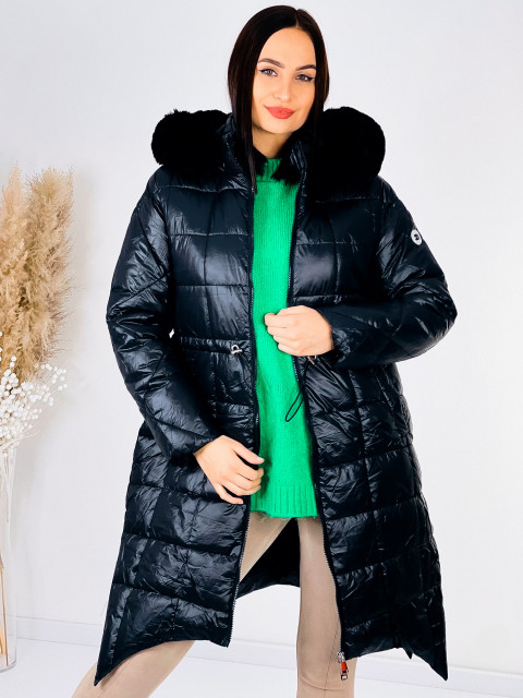 Dámska prešívaná zimná bunda s kožušinovou kapucňou - čierna