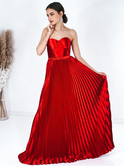 Dámske červené saténové šaty s plisovanou sukňou Marily