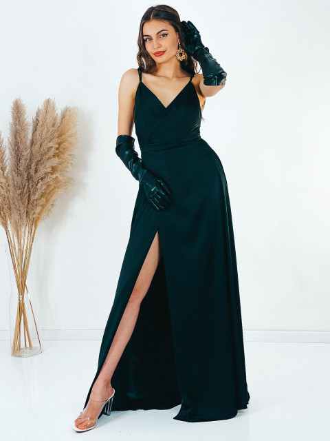 Dámske luxusné dlhé spoločenské šaty s rozparkom - čierne