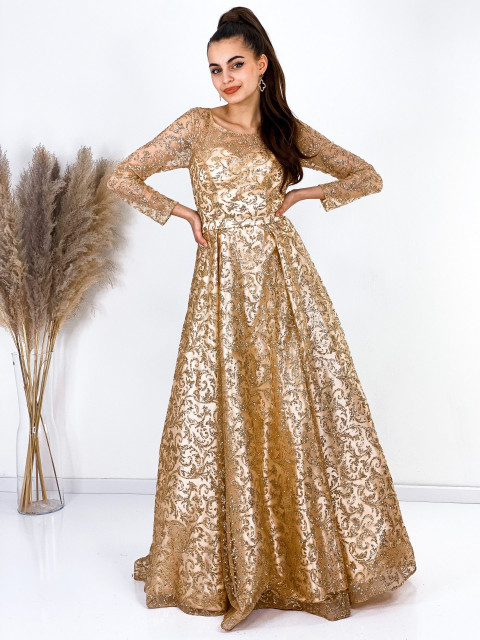 Exkluzívne dámske dlhé áčkové spoločenské šaty pre moletky - zlaté