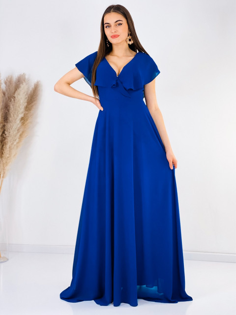 Dámske dlhé exkluzívne spoločenské šaty s krátkym rukávom - modré