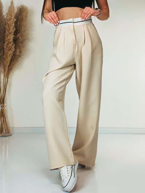 Dámske béžové široké nohavice s vysokým pásom a bielym lémom LEMON