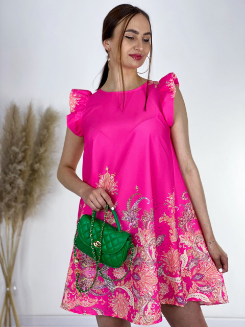 Ružové krátke šaty s volánovými rukávmi a farebnou potlačou