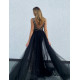Exkluzívne dlhé dámske spoločenské šaty s odnímateľnou tylovou sukňou - čierne BB