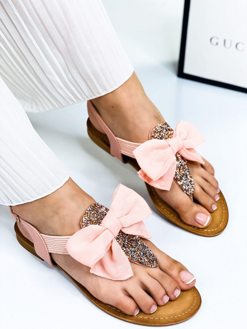 Dámske ružové sandále s kamienkami a tylovou mašľou