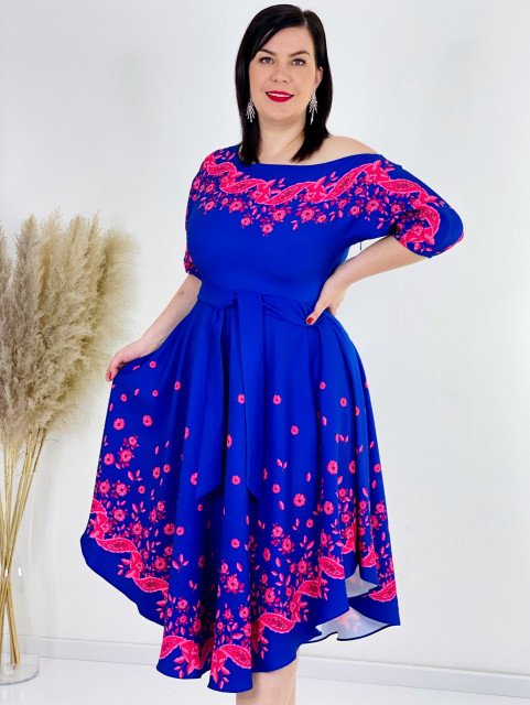 Spoločenské modro-ružové šaty s viazaním v páse pre moletky