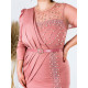 Luxusné spoločenské šaty s perlami a opaskom pre moletky - ružové