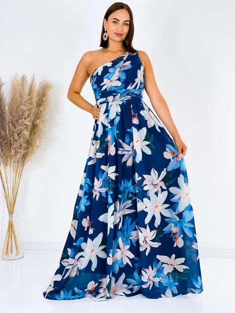 Dámske dlhé kvetované spoločenské šaty Amal -  modré