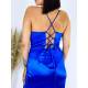 Exkluzívné modré saténové spoločenské šaty s razporkom PERLA