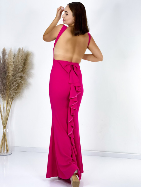 Dlhé dámske spoločenské šaty s mašľou a odhaleným chrbtom - ružové