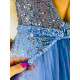 Dámske dlhé exkluzívne spoločenské šaty s flitrami a vlečkou - modré