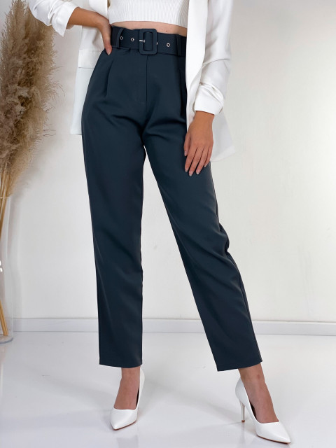 Dámske sivé elegantné nohavice s vysokým pásom a opaskom LIA