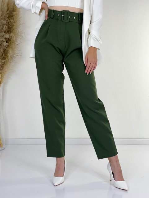 Dámske khaki elegantné nohavice s vysokým pásom a opaskom LIA Dámske khaki elegantné nohavice s vysokým pásom a opaskom LIA