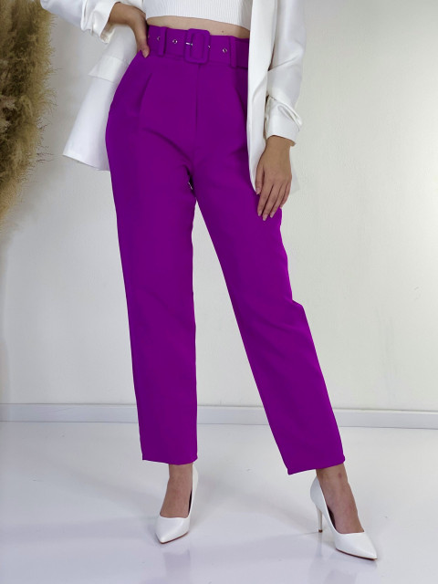 Dámske fialové elegantné nohavice s vysokým pásom a opaskom LIA Dámske fialové elegantné nohavice s vysokým pásom a opaskom LIA
