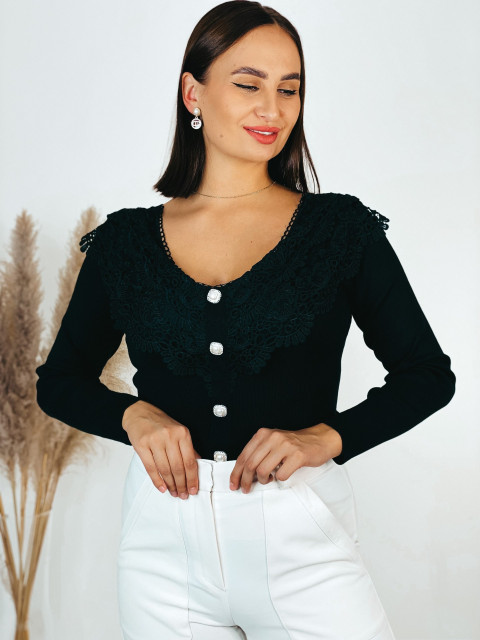 Dámsky elegantný sveter s čipkou a gombíkmi - čierny