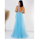 Exkluzívne dlhé dámske spoločenské šaty s odnímateľnou tylovou sukňou - modré BB