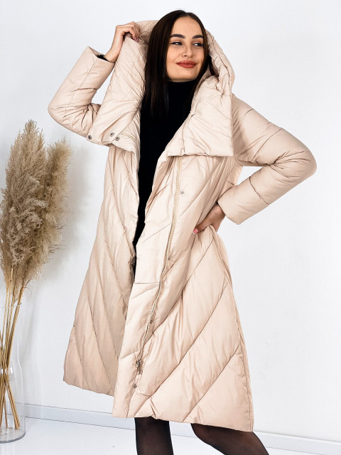 Dámska zimná dlhá prešívaná bunda s kapucňou - béžová